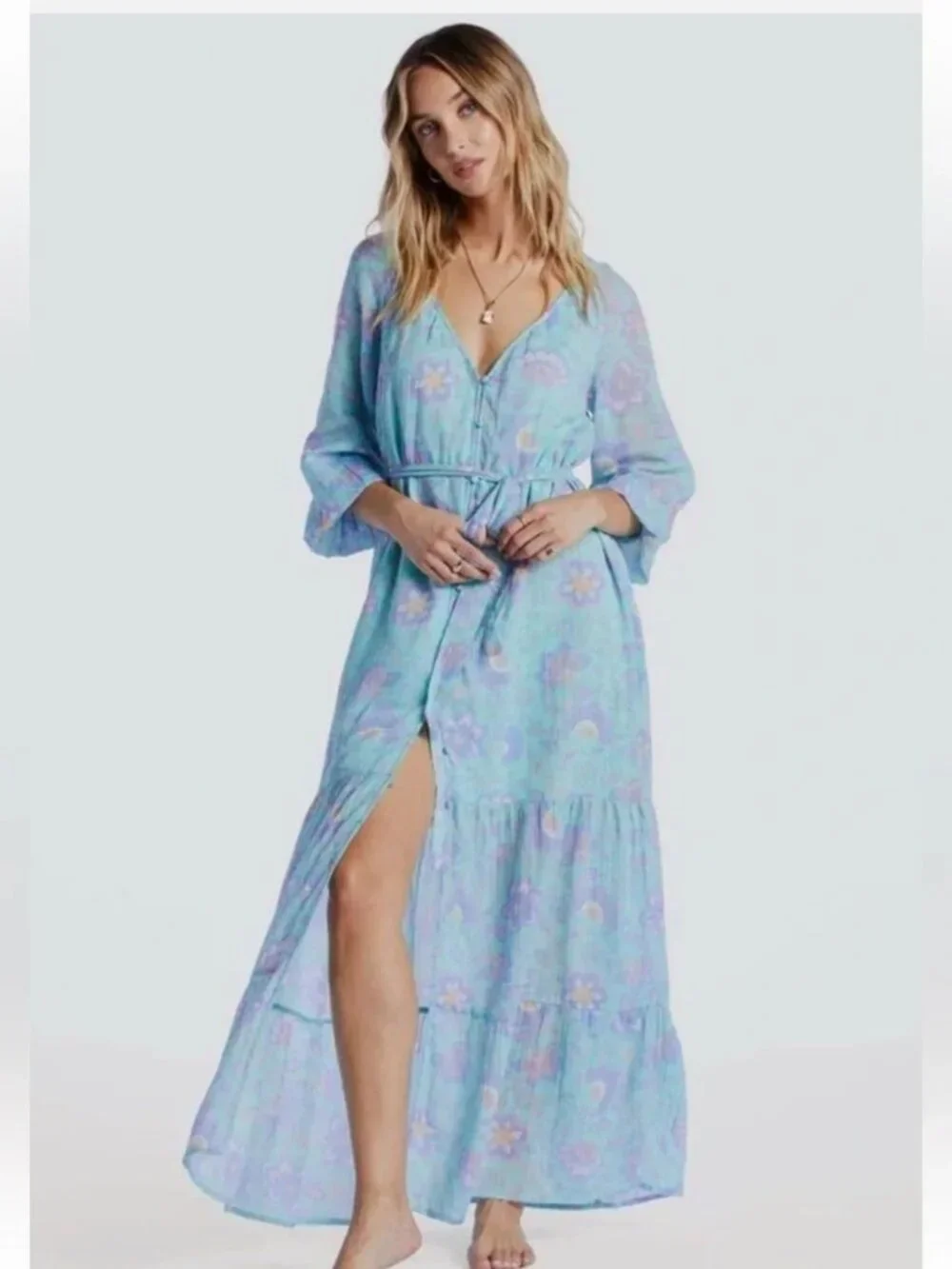 Billabong Womens XS Long Sleeve Cotton Gauze Maxi Dress Beachy Boho